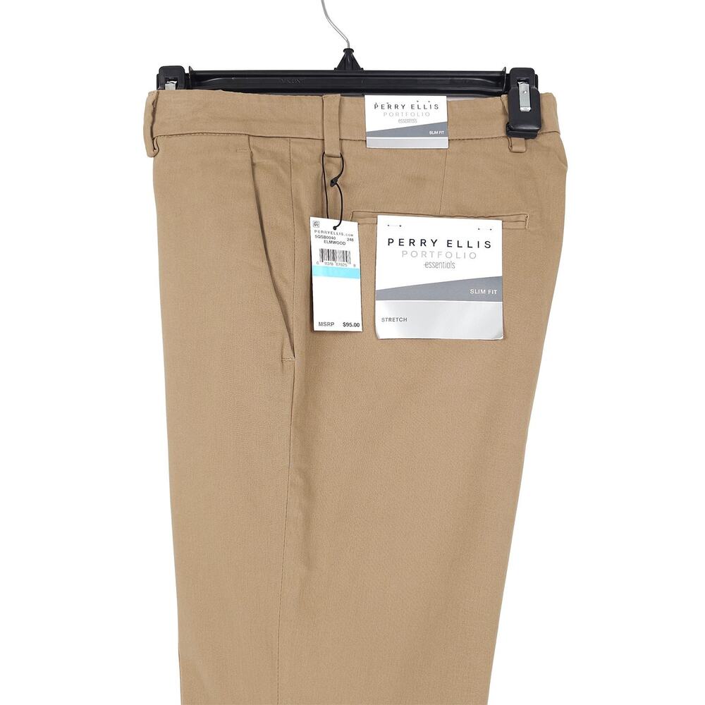 Perry Ellis Mens Slim Fit Chino Dress Pant 36x30 Tan Brown Solid Stretch Cotton